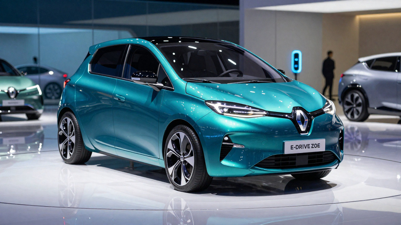 Renault E-Drive Zoe elétrico verde em exposição em salão automotivo moderno.