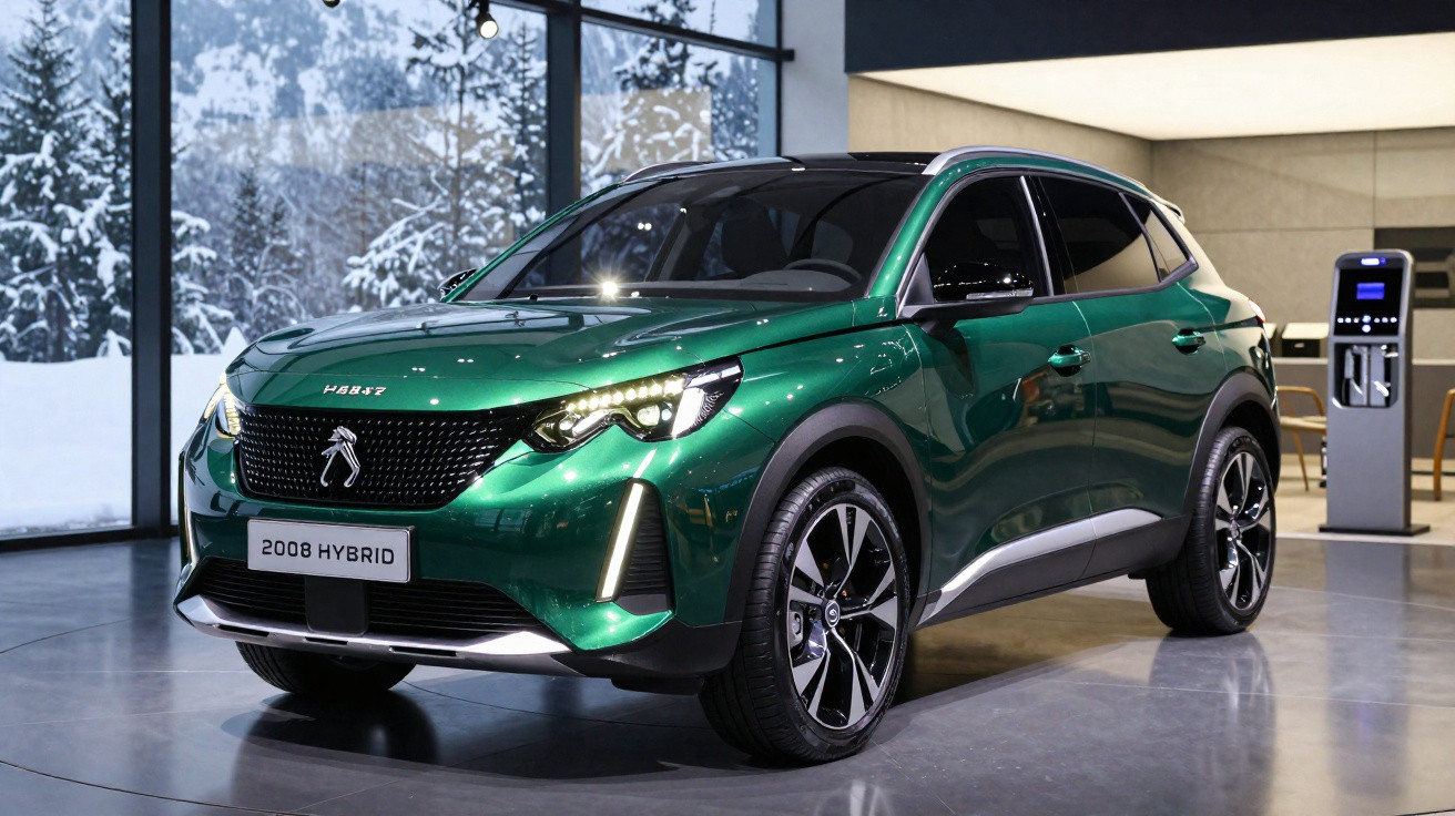 Carro SUV verde Peugeot 2008 Hybrid exposto em salão com grande janela para paisagem nevada.