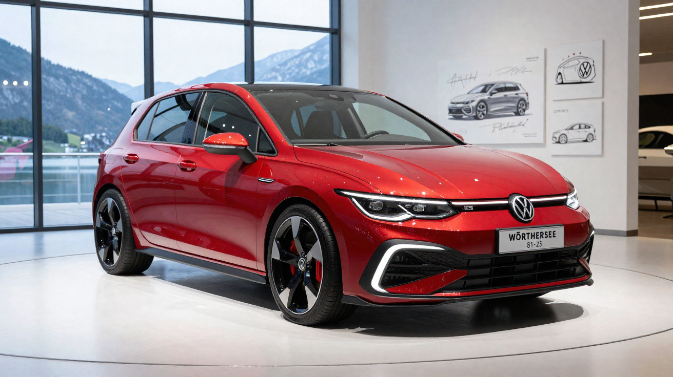 Carro esportivo Volkswagen Golf GTI vermelho exposto em salão moderno com vista para montanhas.