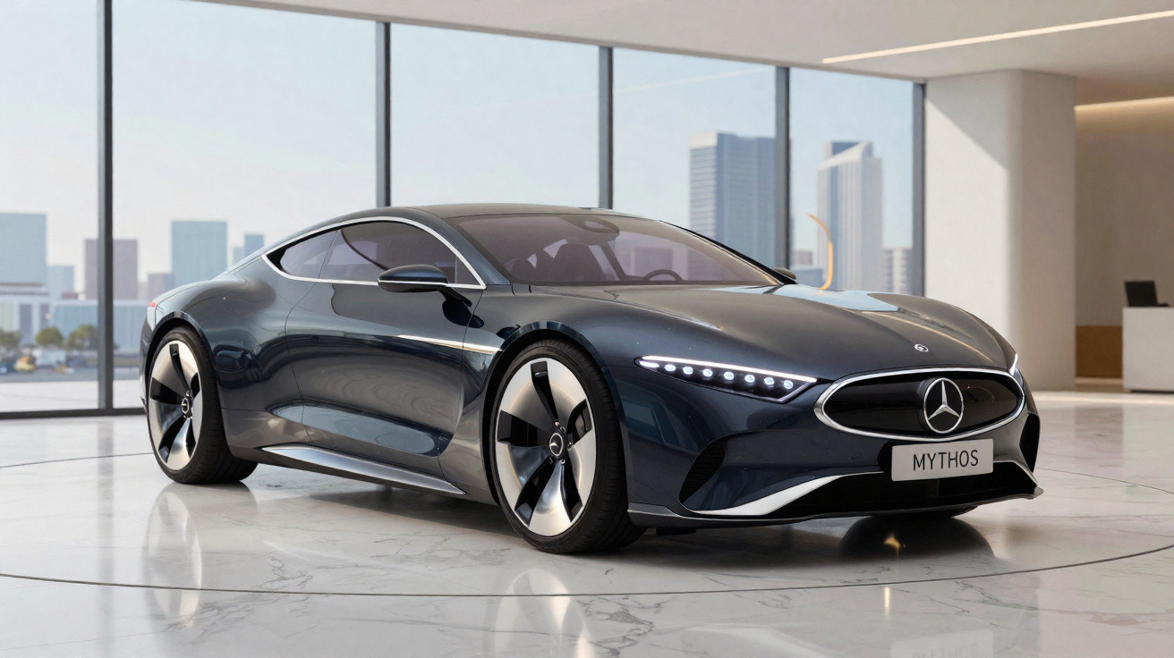 Carro conceito elétrico Mercedes-Benz Mythos cinza escuro exibido em showroom moderno com vista urbana ao fundo.