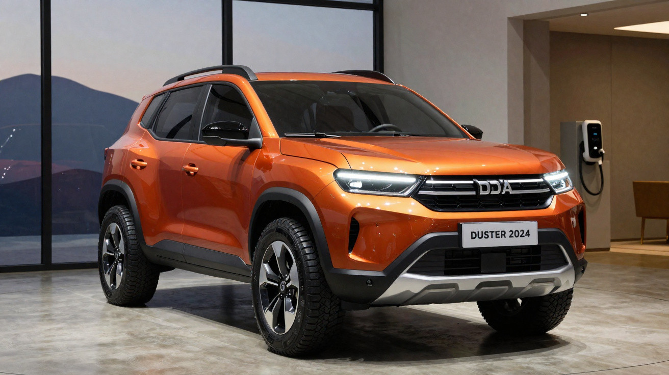 SUV Duster 2024 laranja estacionado em ambiente interno moderno com carregador elétrico ao fundo.