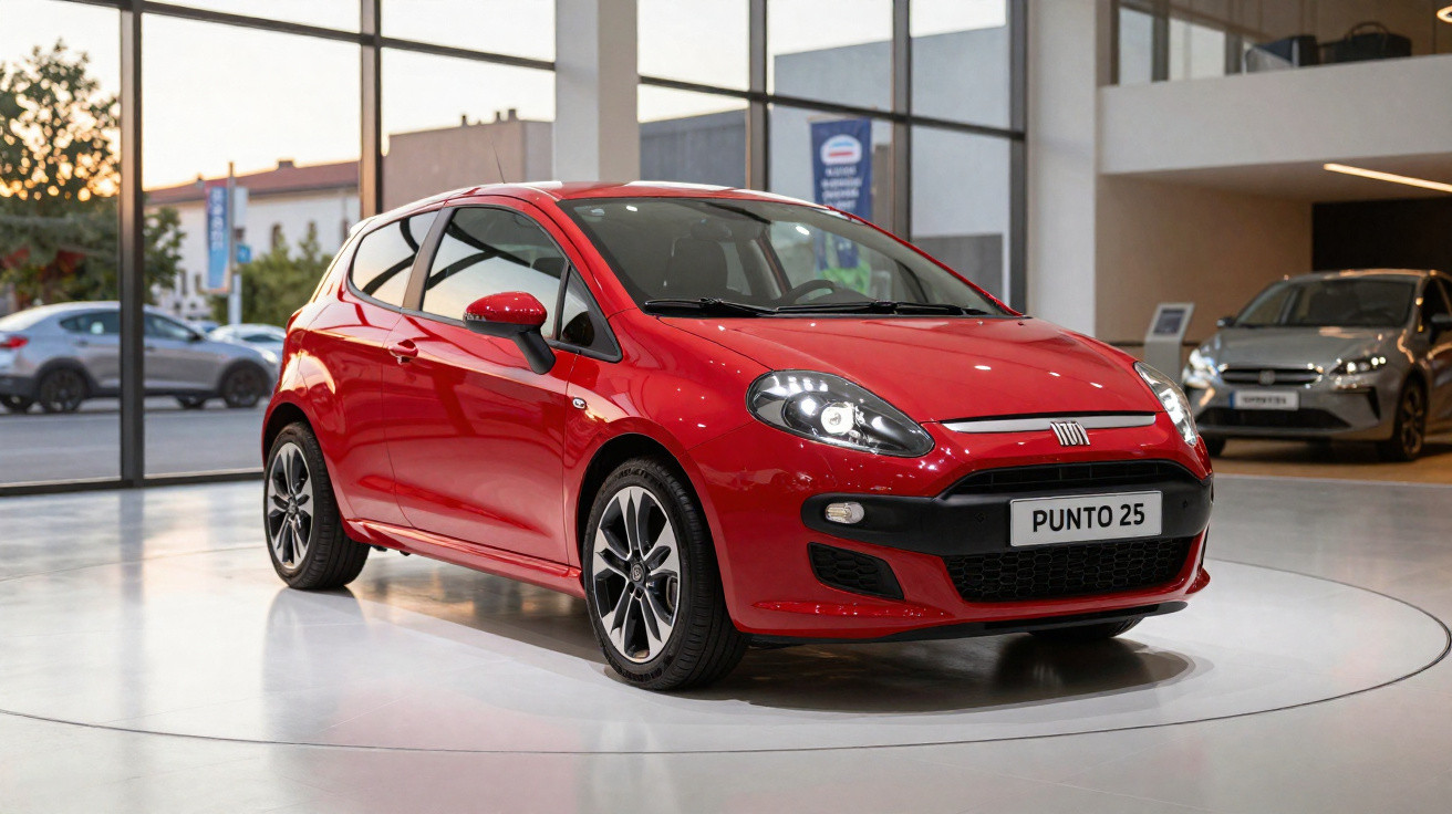 Carro vermelho Fiat Punto 25 em exposição em espaço interno com piso branco e janelas amplas.