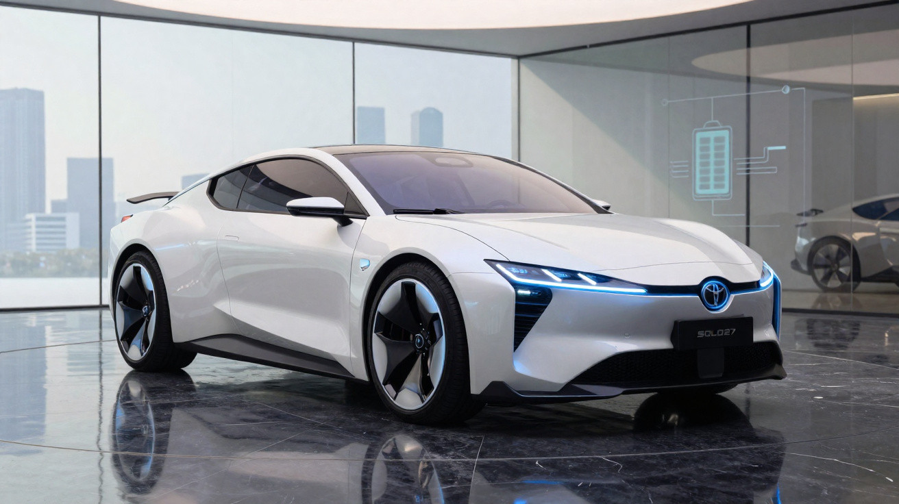 Carro esportivo elétrico branco futurista Toyota em showroom moderno com design aerodinâmico e luzes azuis.