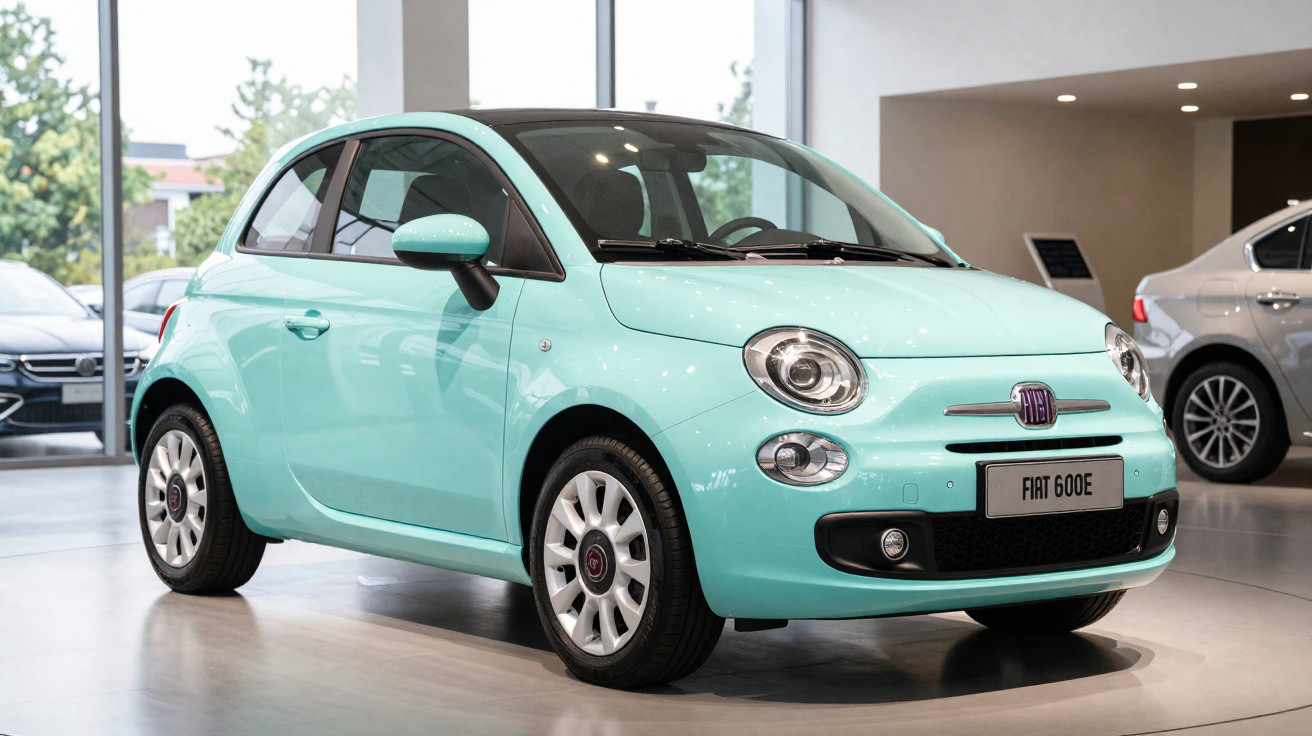 Carro Fiat 600E azul claro elétrico exposto em showroom moderno com outras atrações automotivas ao fundo.