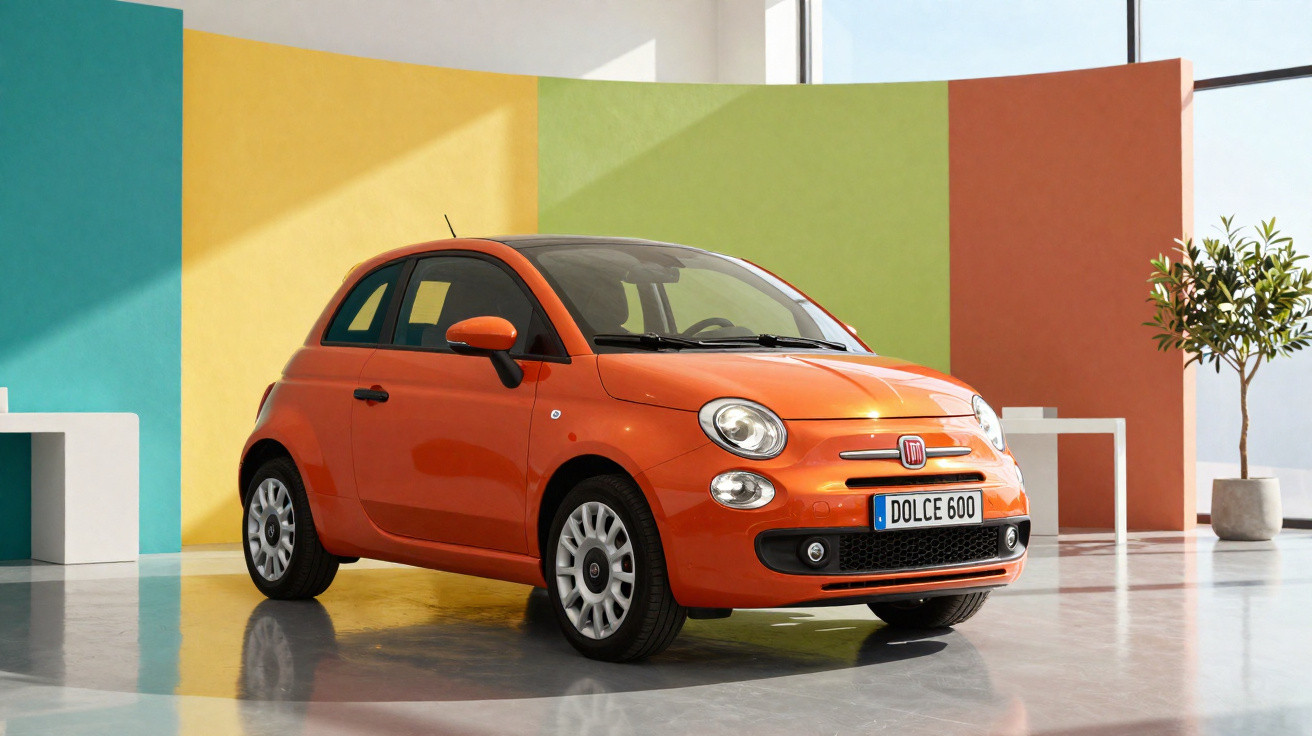 Carro Fiat 500 laranja estacionado em ambiente moderno com paredes coloridas e planta ao lado.