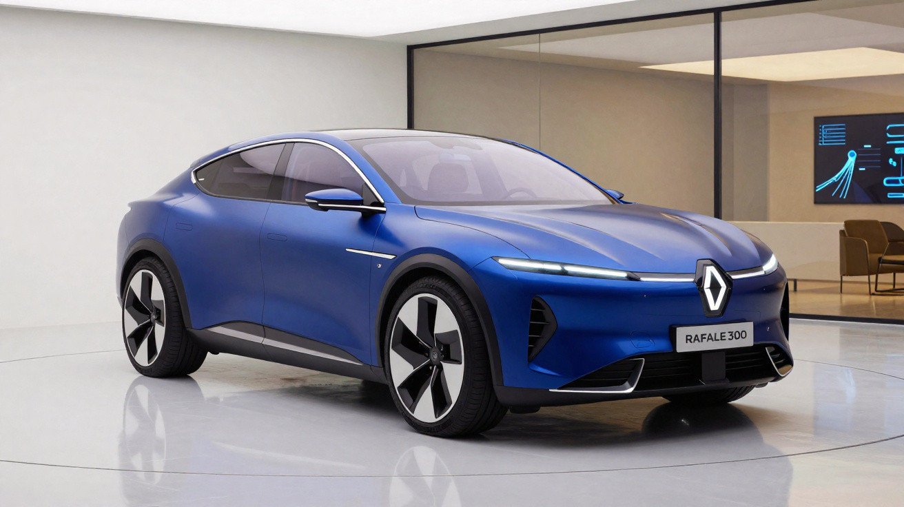 Carro elétrico Renault Rafale 300 azul em exposição com design moderno e futurista.