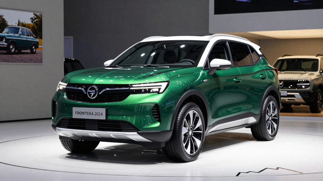 SUV verde e branco Opel Frontera 2024 em exposição, vista frontal lateral direita.