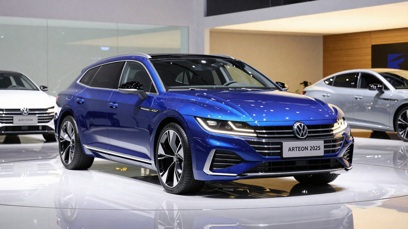 Carro Volkswagen Arteon 2025 azul exposto em showroom com iluminação refletida no teto brilhante.
