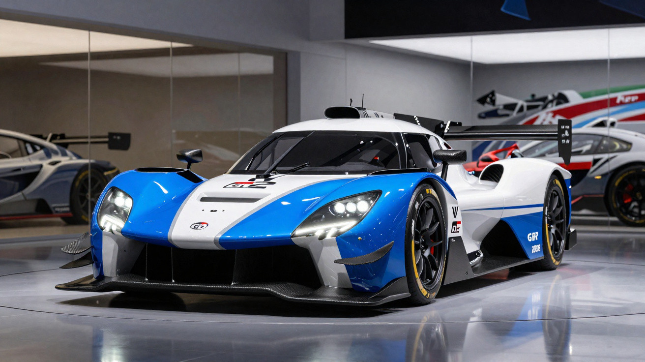 Carro esportivo de corrida azul e branco exibido em showroom moderno com piso brilhante.