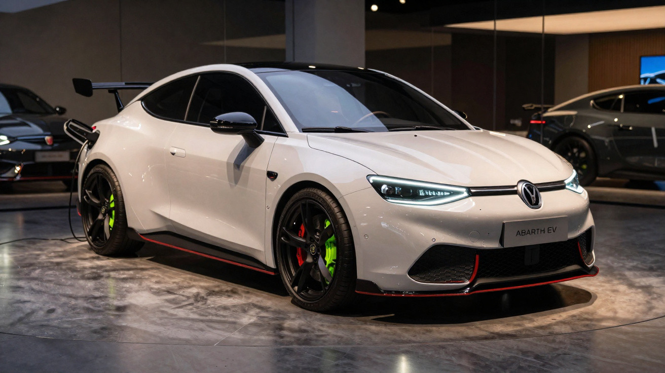 Carro esportivo branco Abarth EV em exposição, com rodas pretas e detalhes verdes nas pinças de freio.
