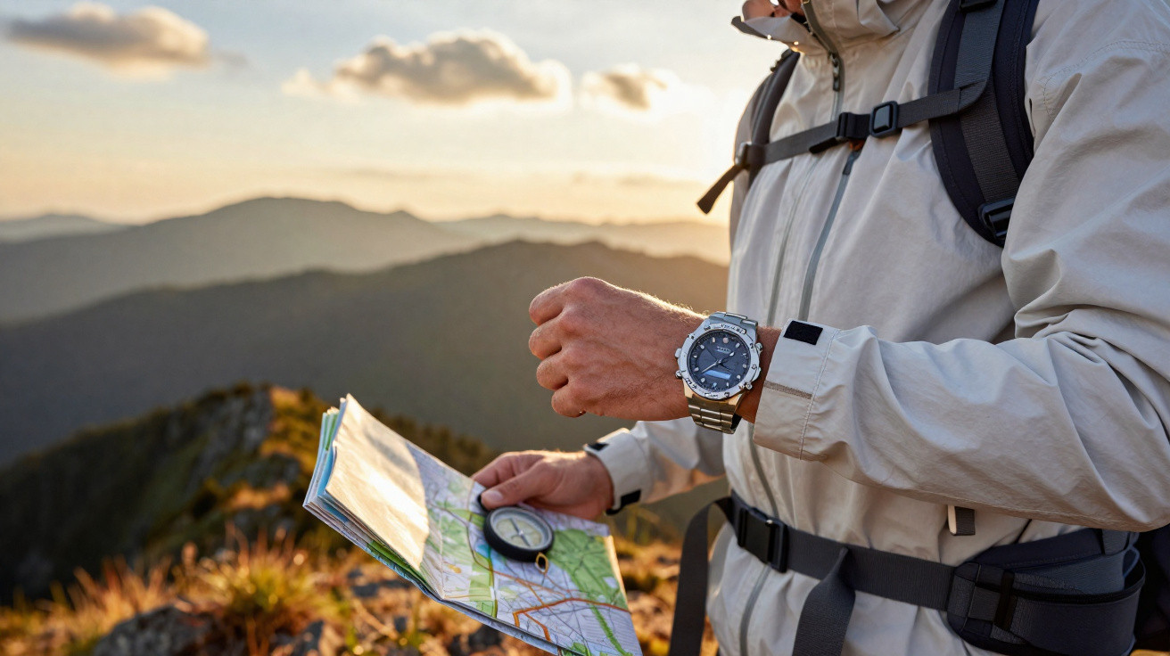 Pessoa com mochila segurando mapa e bússola durante caminhada em ambiente montanhoso ao pôr do sol.