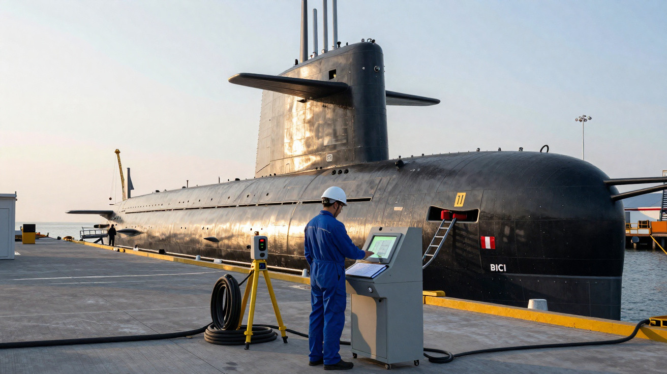 Submarino preto ancorado em porto com técnico operando equipamento de controle ao lado.
