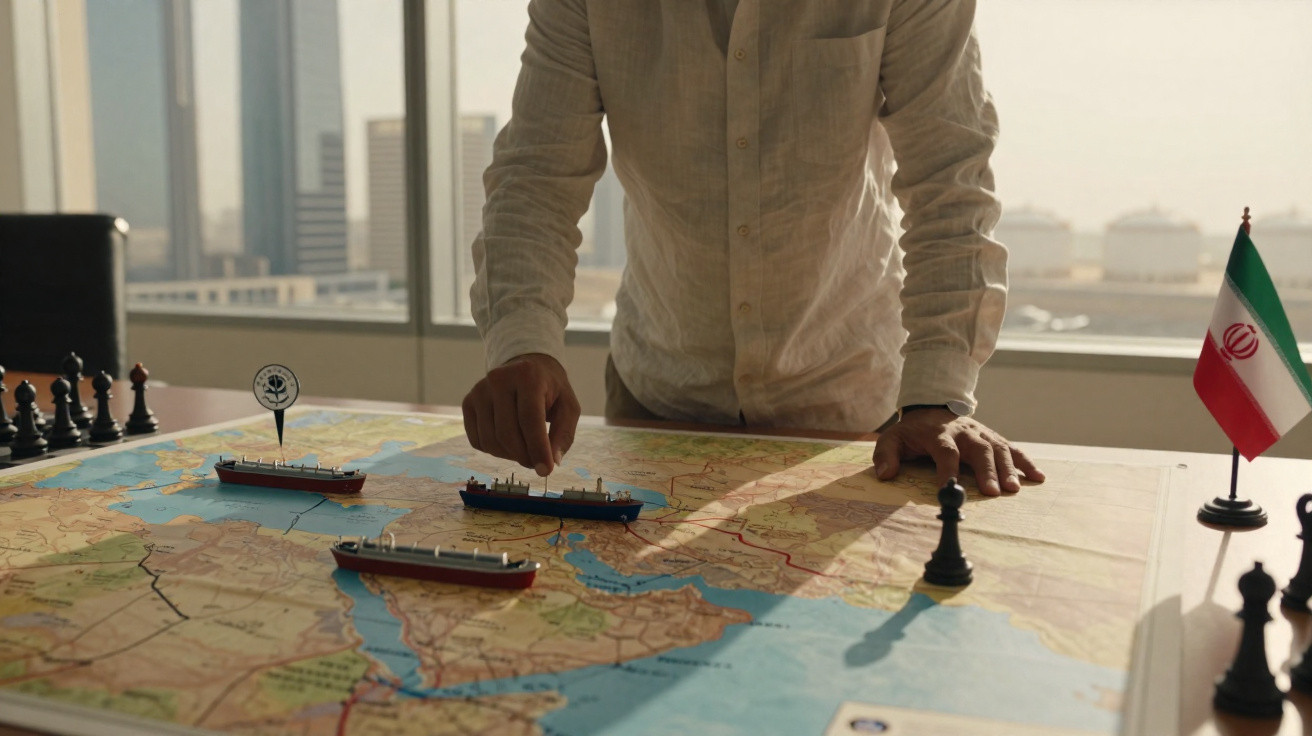 Homem árabe movendo peças de xadrez em mapa com navios e bandeira do Irã em mesa de escritório.