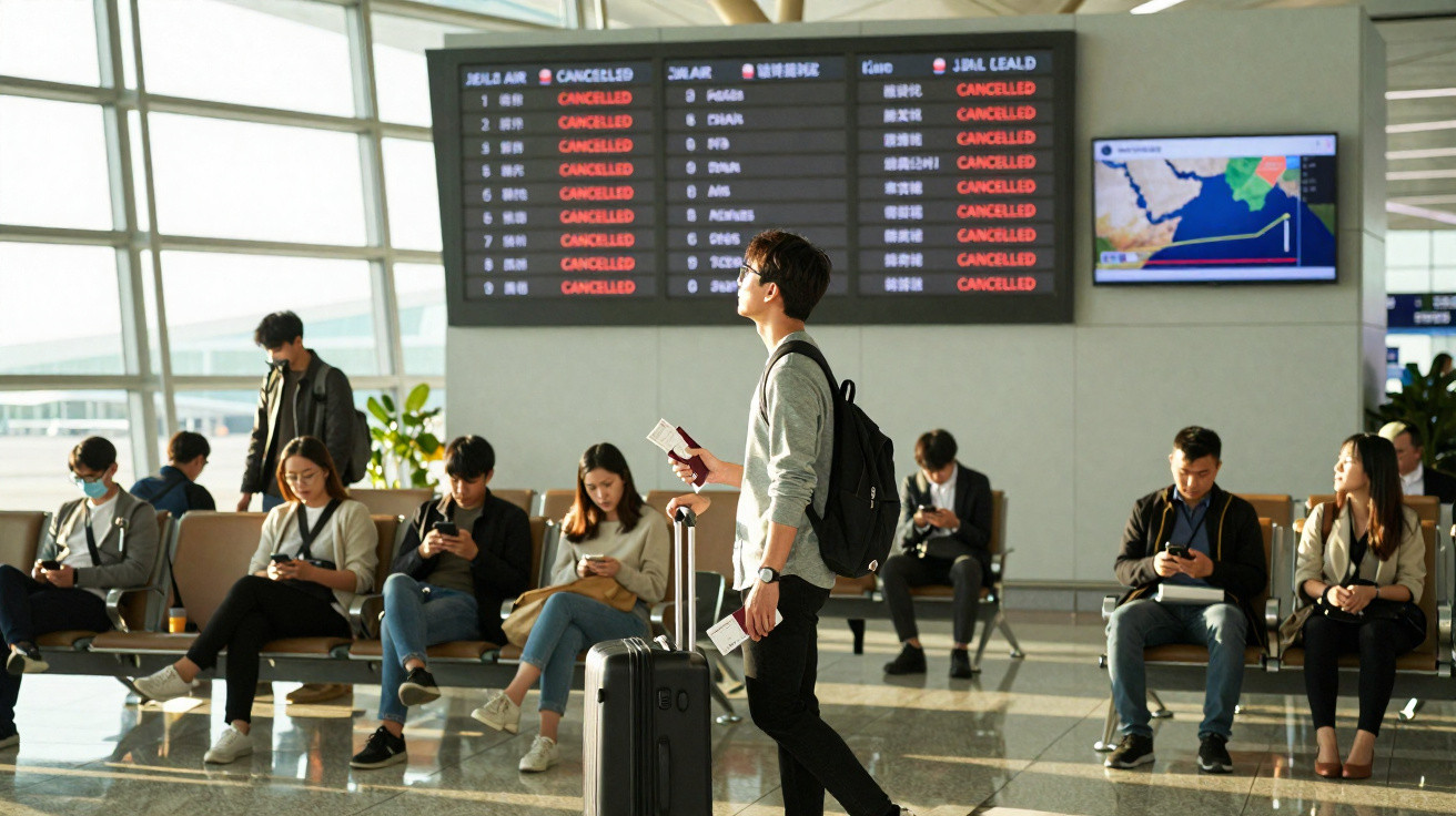 Pessoa com mala de rodinhas observa painel de voos em um aeroporto com outras pessoas sentadas ao fundo.