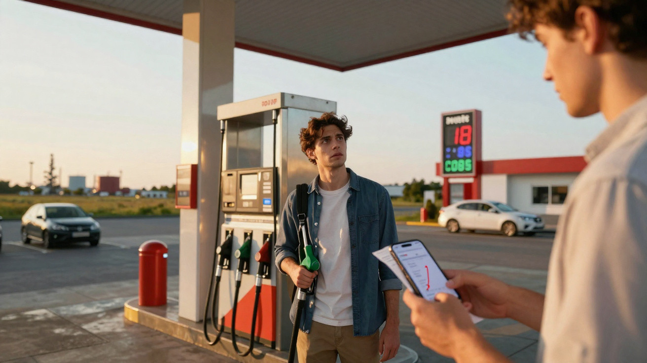 Homem abastecendo carro em posto de gasolina ao pôr do sol, com celular mostrando gráfico em primeiro plano.