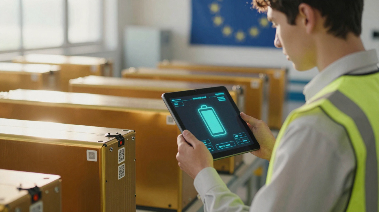 Homem com colete refletivo usando tablet para inspecionar baterias industriais em armazém iluminado.