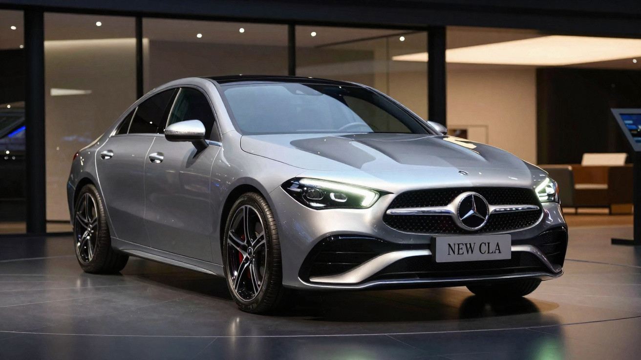 Carro prata Mercedes-Benz novo modelo CLA exposto em ambiente interno moderno.