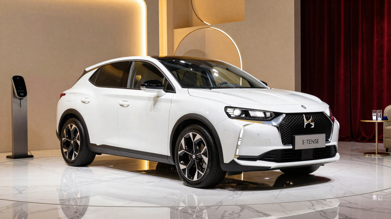 Carro elétrico branco DS3 E-Tense estacionado em ambiente interno moderno com piso de mármore.