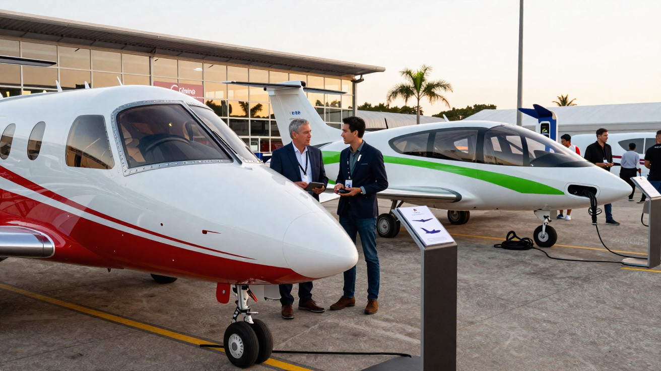 Dois homens conversam próximo a aviões executivos estacionados em área externa de hangar de aeroporto.