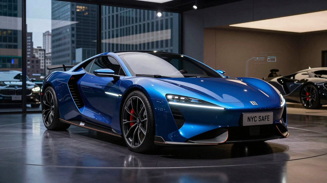Carro esportivo azul metálico em exposição interna com prédios ao fundo e iluminação moderna.