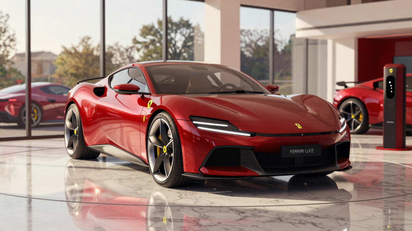Carro esportivo Ferrari vermelho brilhante modelo Luce em showroom com piso de mármore.