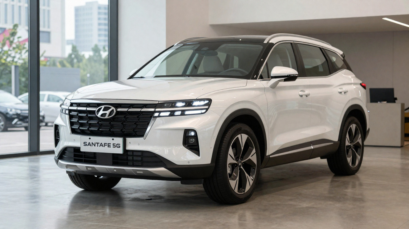 SUV Hyundai Santa Fe 5G branco estacionado em showroom moderno com piso de porcelanato.