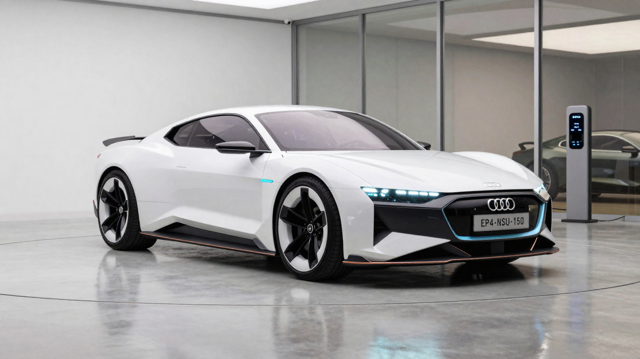 Carro esportivo elétrico branco da Audi estacionado em garagem moderna com carregador ao fundo.
