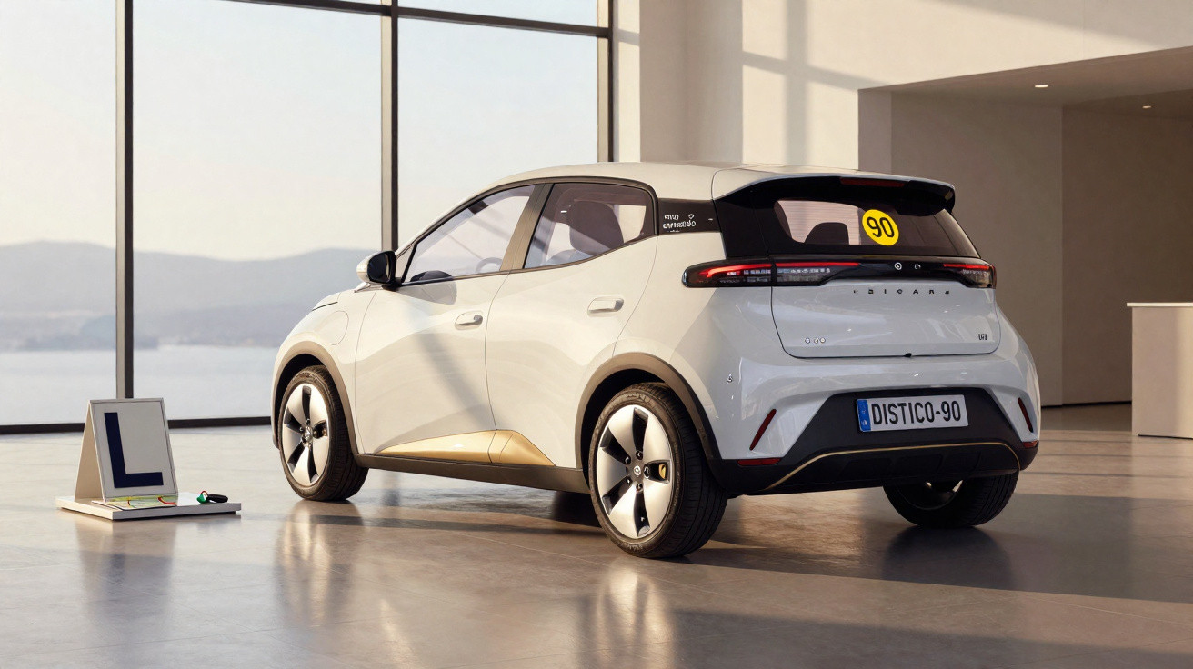 Carro branco elétrico Citroën Ace, ângulo traseiro, em ambiente interno iluminado, com adesivo amarelo no vidro.