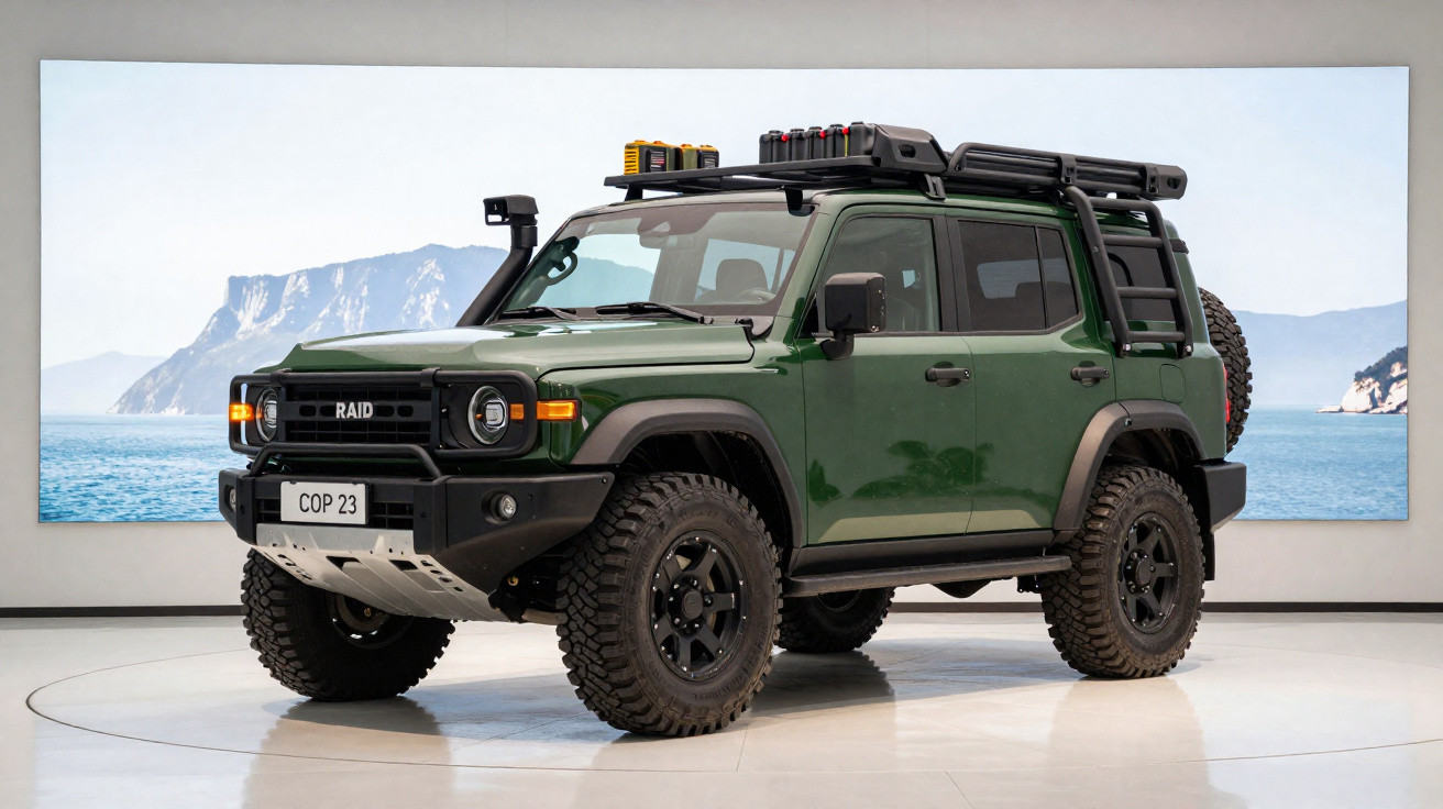SUV verde militar com acessórios off-road exposto em ambiente interno com vista para o mar ao fundo.