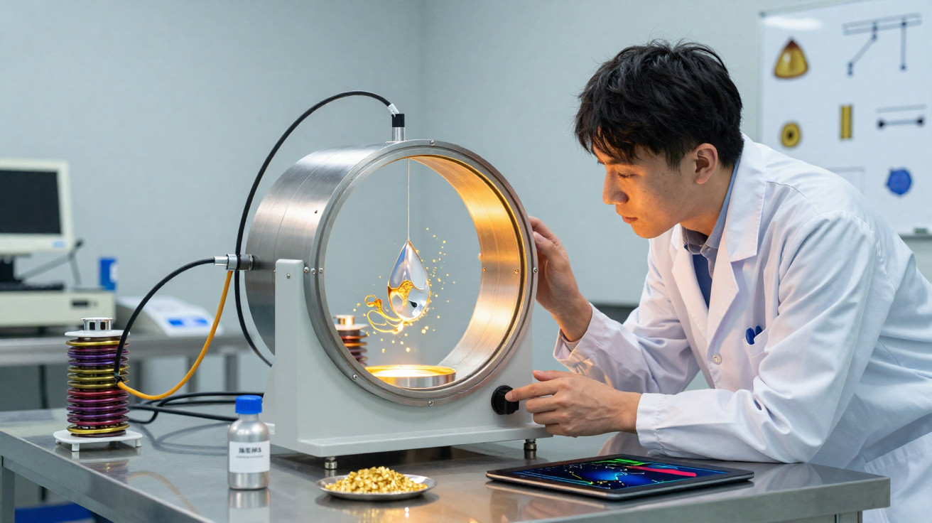 Jovem cientista em jaleco analisa objeto suspenso em aparelho de laboratório moderno.
