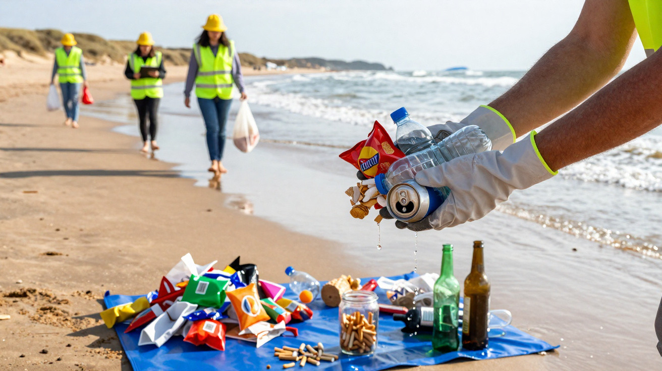 Pessoa usando luva segura lixo recolhido na praia, com grupo voluntário ao fundo em dia claro.