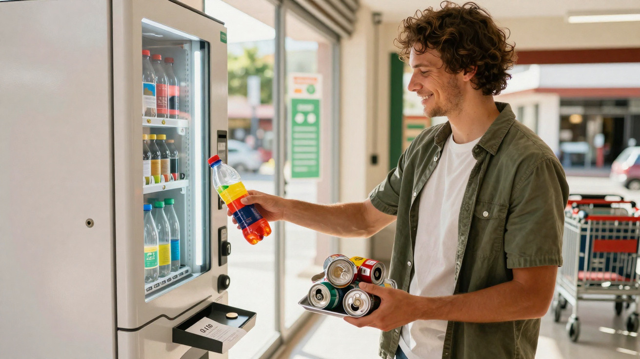 Homem sorridente usando máquina de reciclagem para descartar garrafas plásticas e latas em área externa.