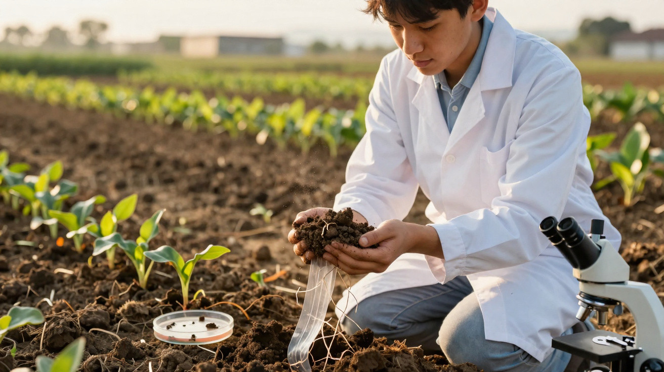 Pesquisador com jaleco branco analisa solo em campo agrícola ao lado de um microscópio.