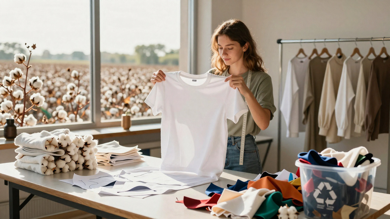 Mulher inspecionando camiseta branca em ateliê com campo de algodão ao fundo.