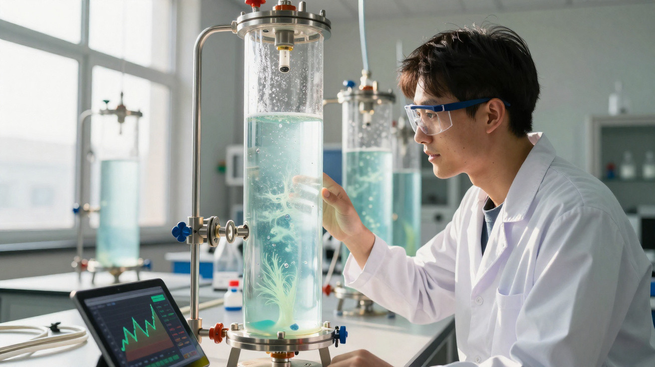 Cientista com jaleco e óculos de proteção observa equipamento com líquido azul em laboratório moderno.