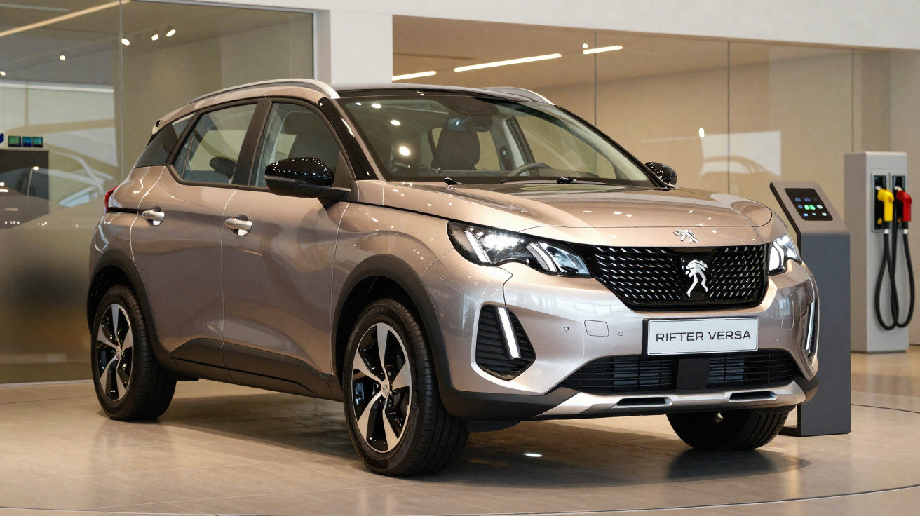 Carro SUV prata Peugeot Rifter Versa estacionado em showroom moderno com carregador elétrico ao fundo.