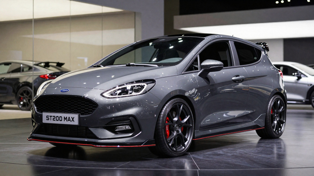 Carro esportivo cinza Ford ST200 MAX exposto em ambiente de salão automotivo moderno.