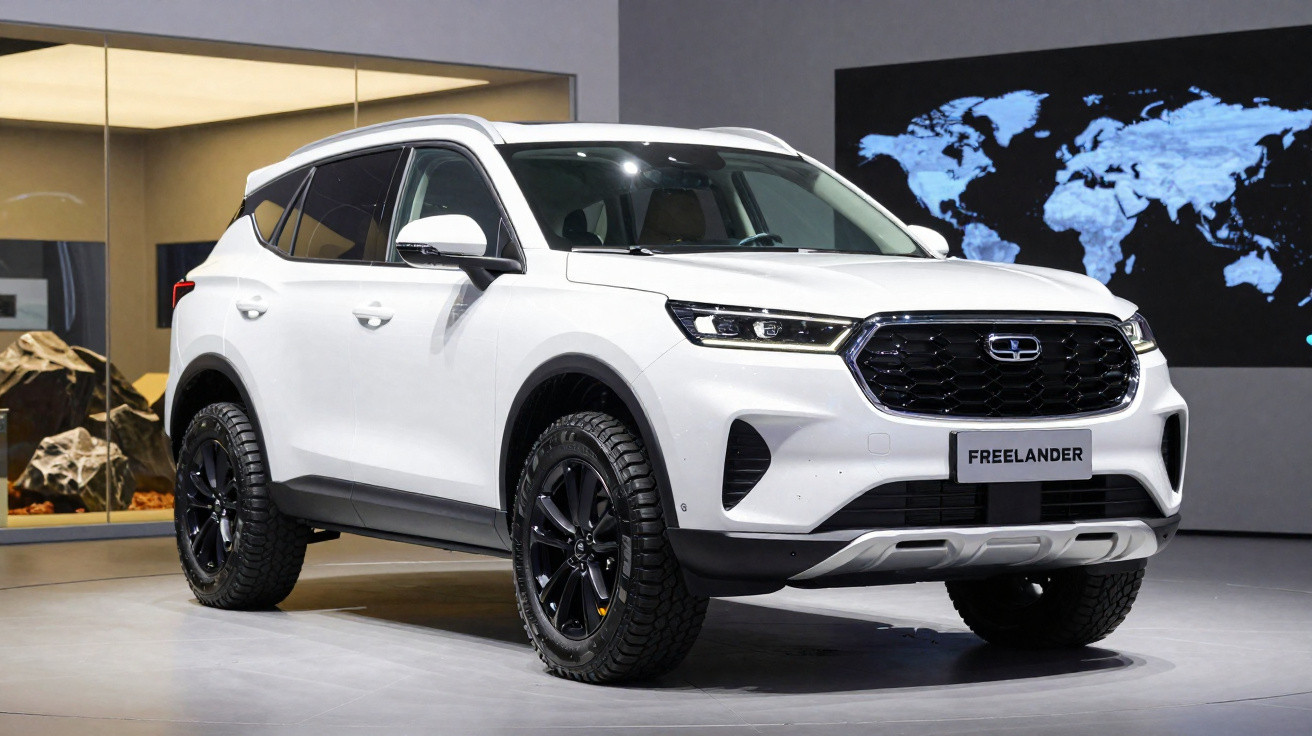 SUV branco modelo Freelander em exposição com rodas pretas grandes em ambiente interno moderno.