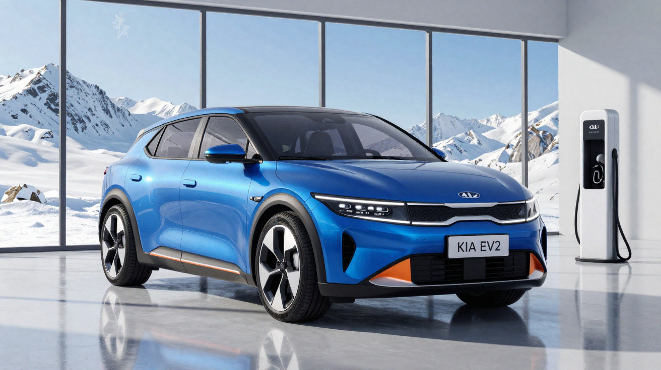 Carro elétrico azul Kia EV2 em ambiente moderno com grandes janelas e paisagem nevada ao fundo.