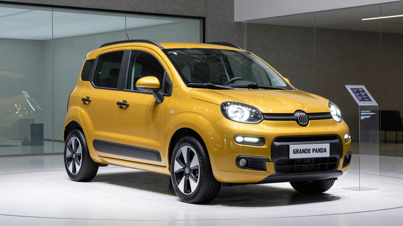 Carro compacto amarelo Fiat Grande Panda exibido em ambiente interno com piso branco e parede cinza.