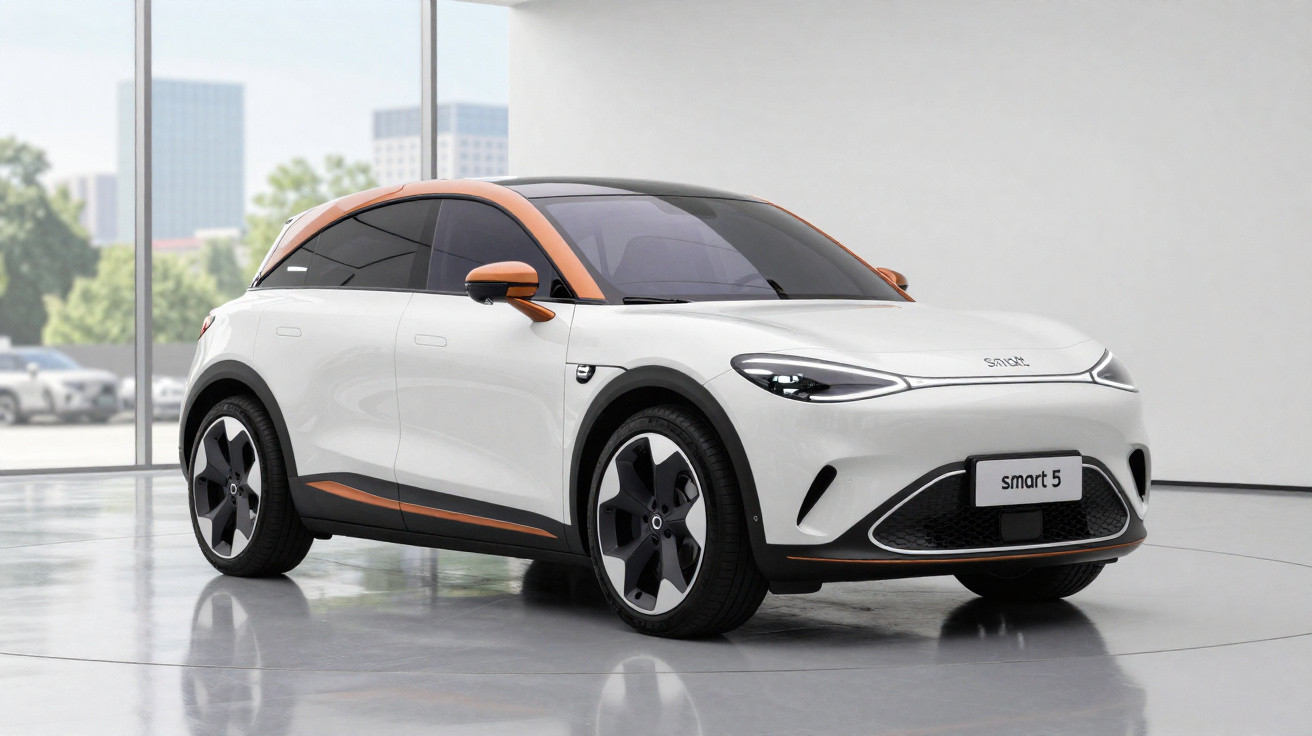 Carro elétrico Smart 5 branco com teto e retrovisores laranja em showroom moderno.