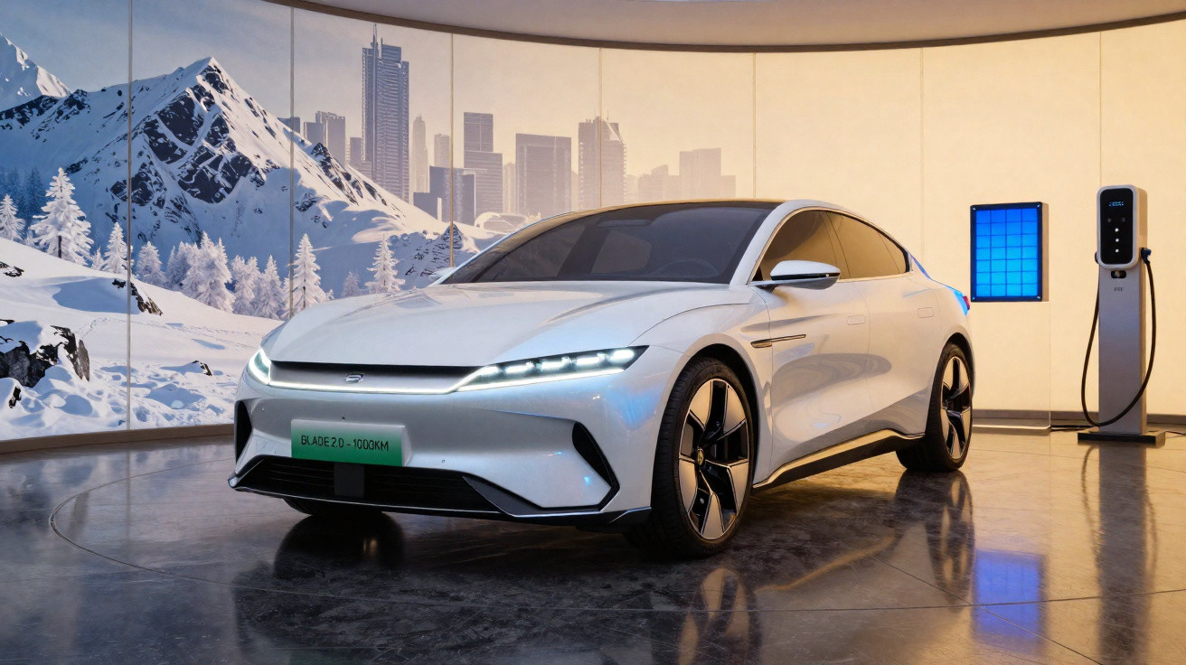 Carro elétrico branco moderno estacionado ao lado de carregador em ambiente interno com paisagem de montanhas e cidade ao fun