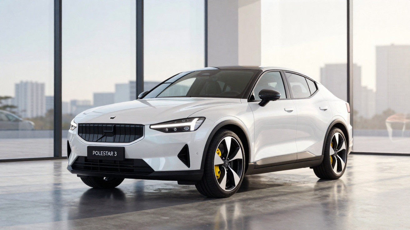 Carro elétrico branco Polestar 3 estacionado em showroom moderno com piso de concreto polido.