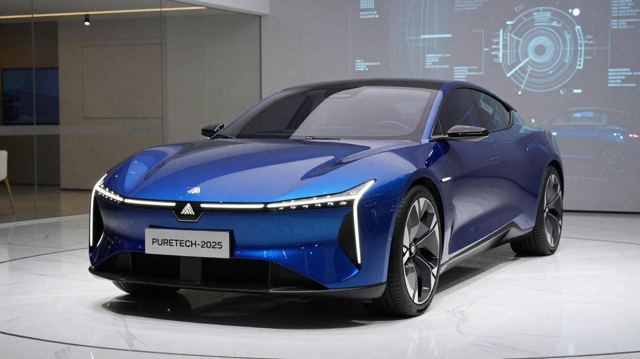 Carro esportivo elétrico azul metálico modelo PURETECH-2025 exposto em ambiente moderno.
