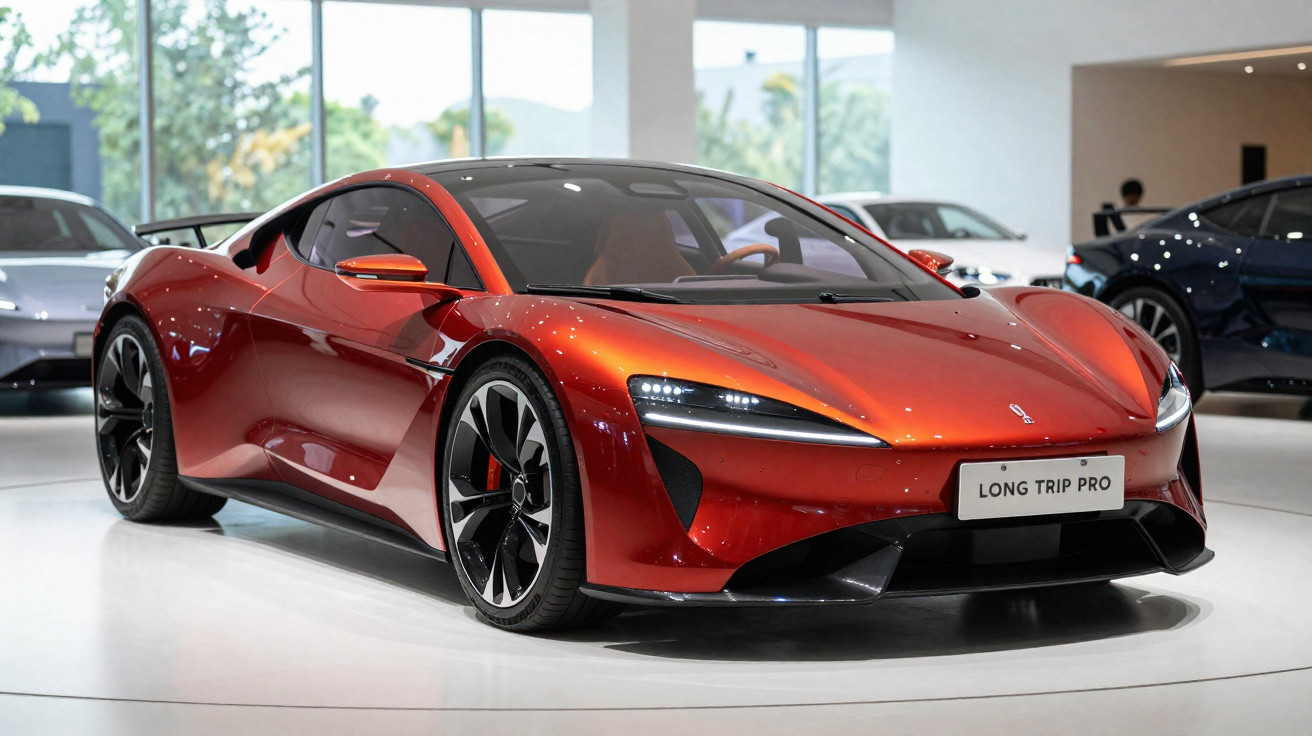 Carro esportivo vermelho brilhante exposto em ambiente interno, modelo Long Trip Pro, com rodas pretas.
