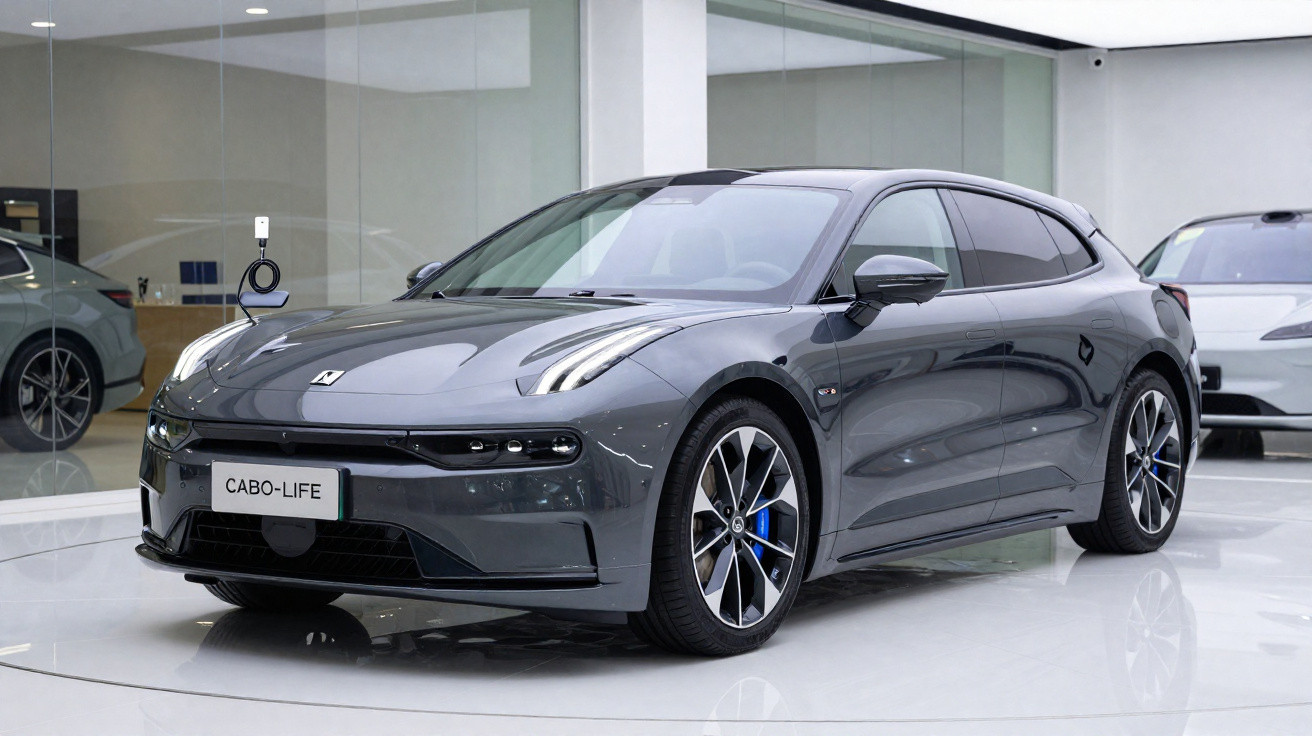 Carro elétrico esportivo cinza exibido em showroom moderno com piso branco brilhante e espelho na parede.