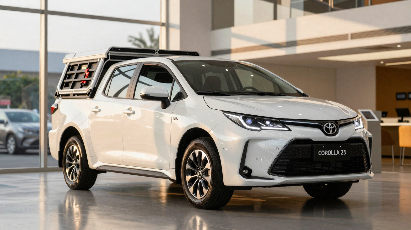 Picape branca Toyota Corolla 25 exibida em ambiente interno com luz do pôr do sol ao fundo.