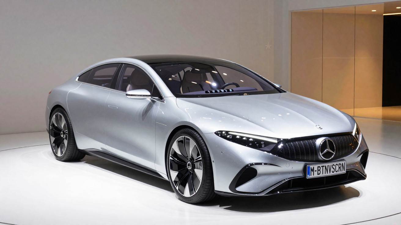 Carro sedan prata Mercedes-Benz moderno exposto em ambiente interno com iluminação branca.