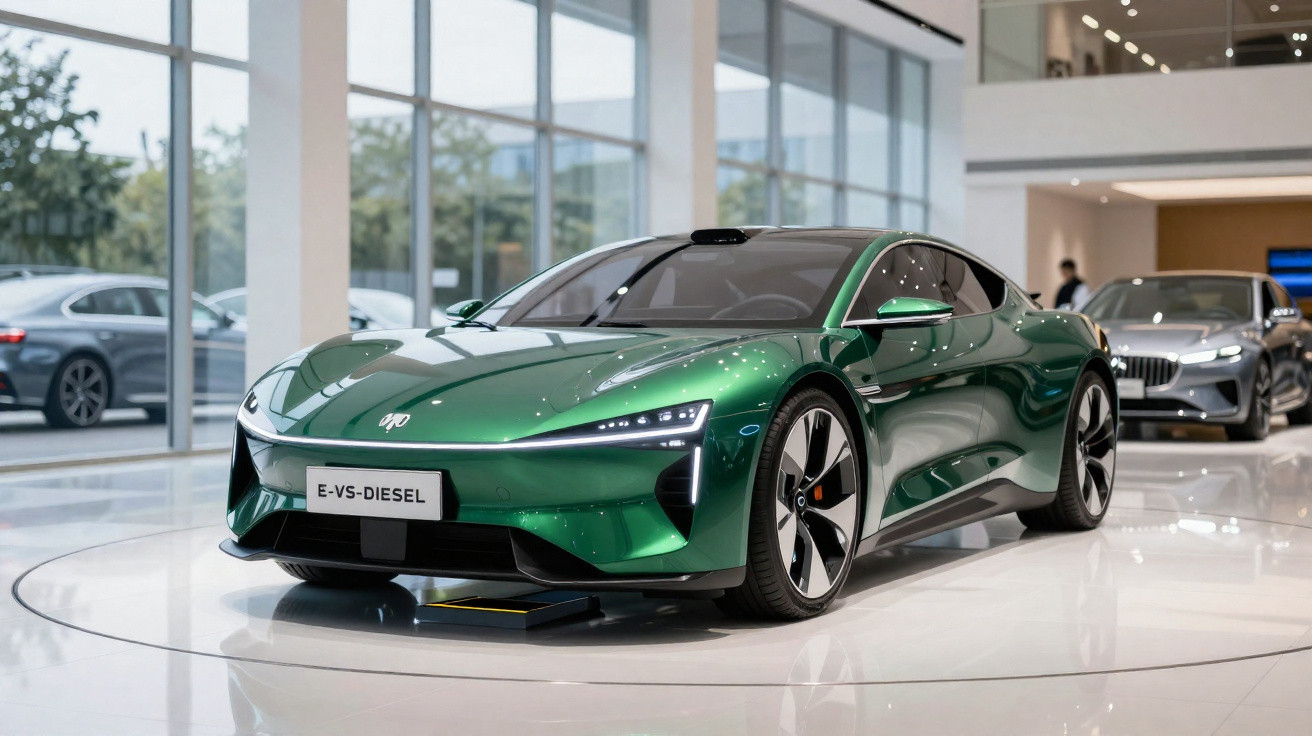 Carro esportivo verde metálico E-VS-Diesel exibido em showroom moderno com design aerodinâmico e rodas pretas.