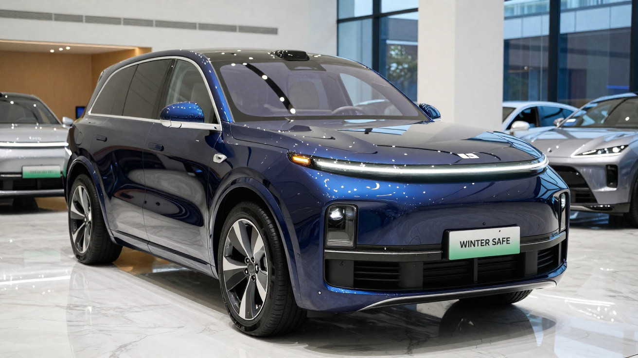 SUV elétrico azul escuro em exposição dentro de showroom moderno com chão branco brilhante.